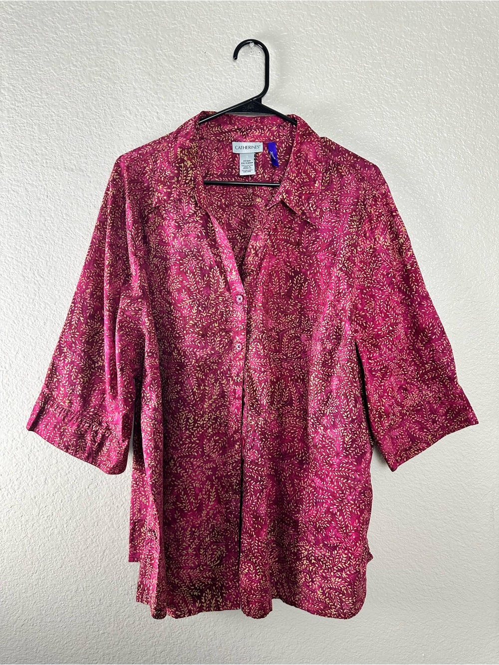 Catherines Petite Cotton Top in Berry and Cream Leaf Print Blouse Size 22/24WP